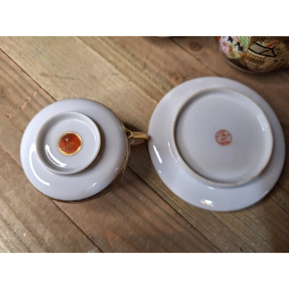 Antique Japanese Satsuma Eggshell‎ Porcelain Tea Cups & Saucers Set of 10 Geisha